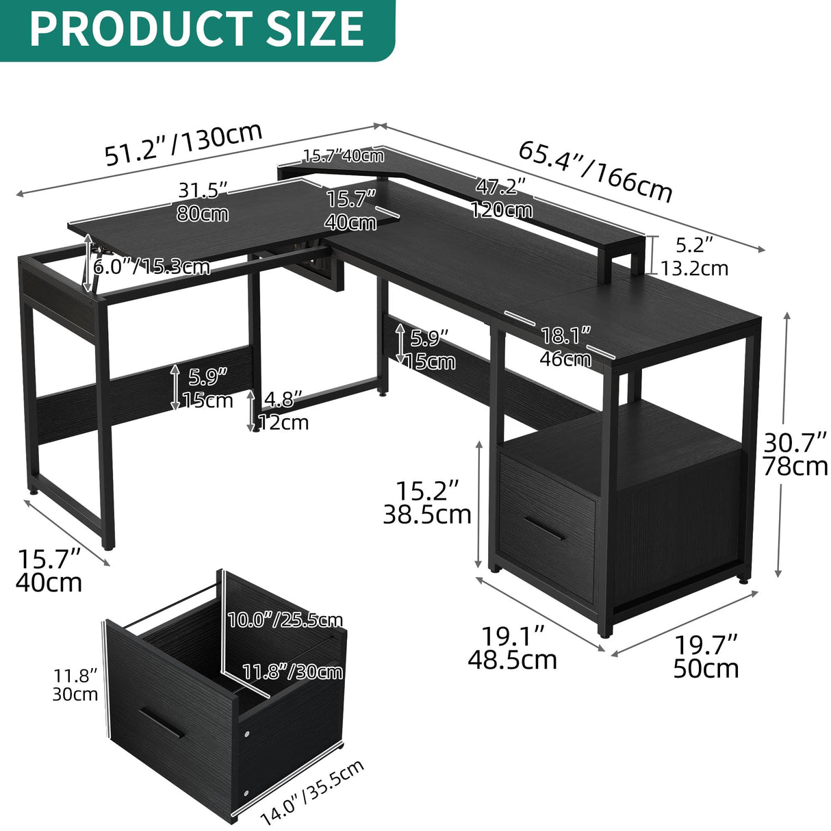 L Shaped Desk with File Drawer, 65" Large Computer Desk Corner Desk with Lift Top