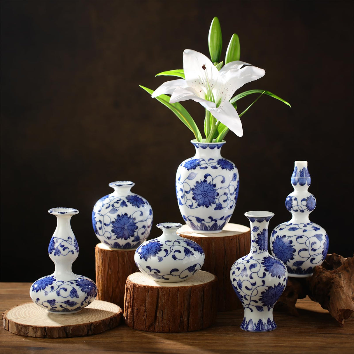 6 Pcs Blue and White Porcelain Vase Sets Mini Chinoiserie Vase Classic Ceramic Chinese