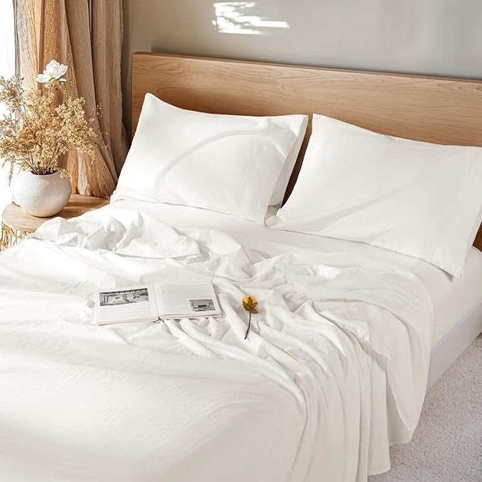 Linen Sheet French Flax Sheet Cotton Linen Blend Sheets Deep Pocket 16 Inch, 4 Pcs Bedding Sheet King Sheet Set,