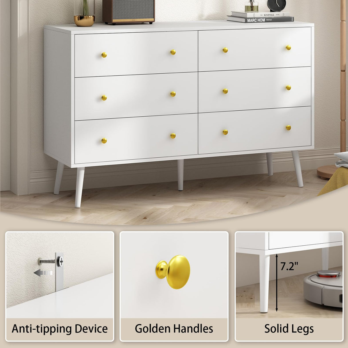 White Dresser for Bedroom, Double Wood Dresser with Gold Handles