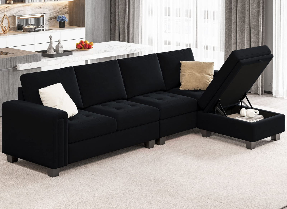 Velvet Reversible Sectional Sofa with Chaise Convertible L Shaped 4-seat Sectional