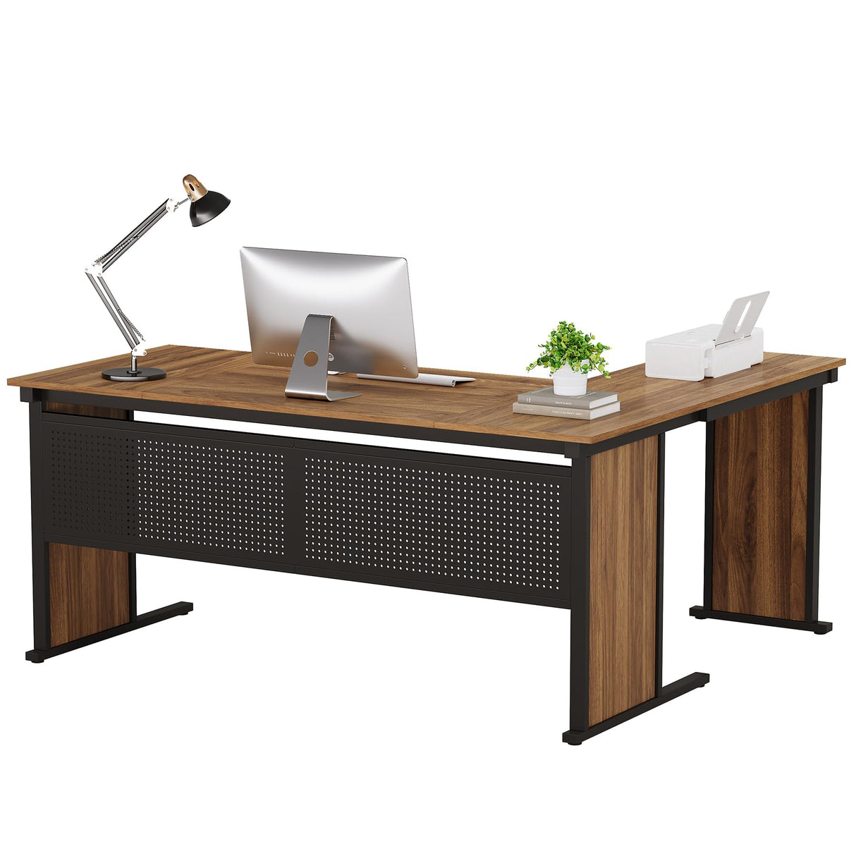 63" L-Shaped Executive Desk, Large Office Desk with Front Baffle, Modern Computer Desk Workstation Business Furniture for Home Office, Walnut & Black