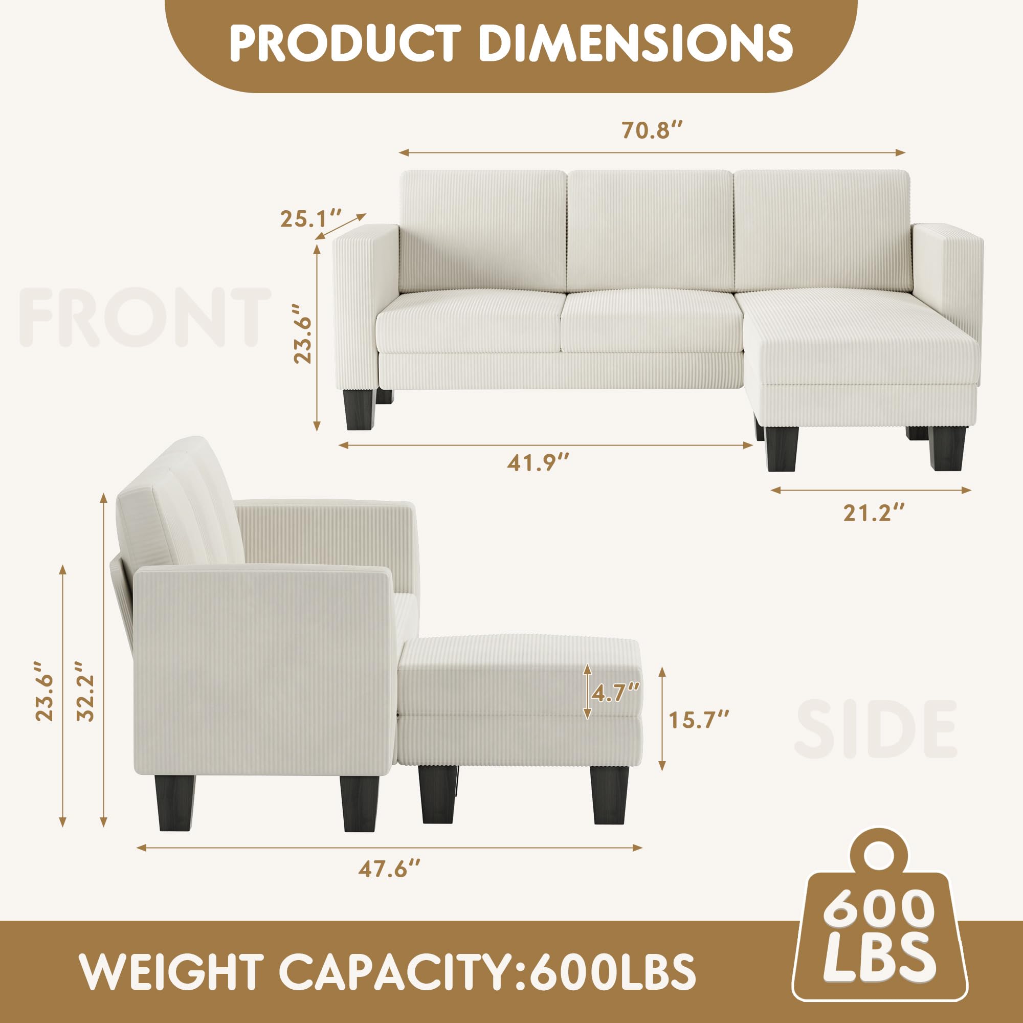 YESHOMY L-Shaped Convertible Sectional Sofa 3 Seater with Corduroy Fabric, Complete with Mobile Footrest, for Living Room, Apartment and Office, 70", Beige
