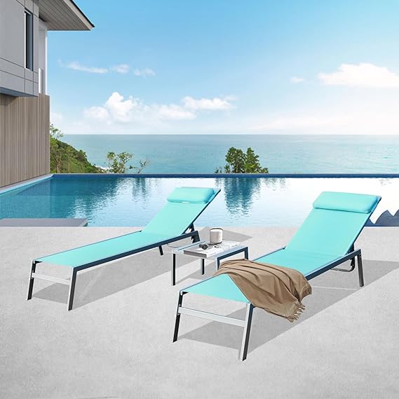 Patio Chaise Lounge Set -3 Pieces Aluminum Adjustable Pool Lounge Chairs
