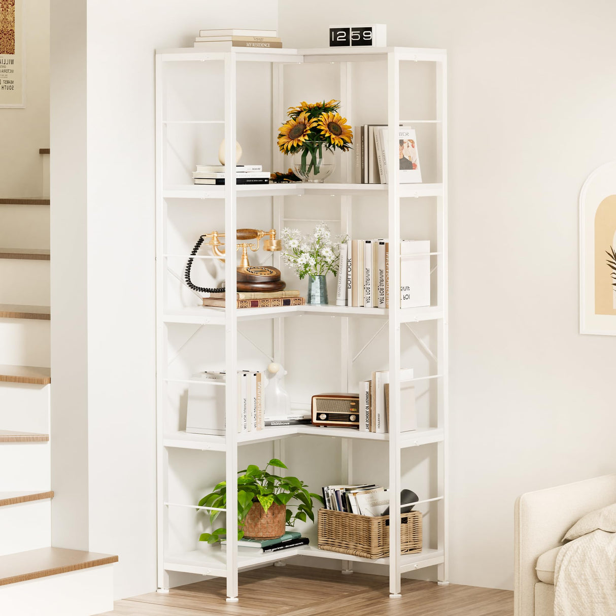 5-Tier Corner Bookshelf, 70.86" Tall Corner Bookcase,5-Shelf Modern L-Shaped Coner Shelf with Metal Frame for Home Office,Living Room,Bed Room(White)