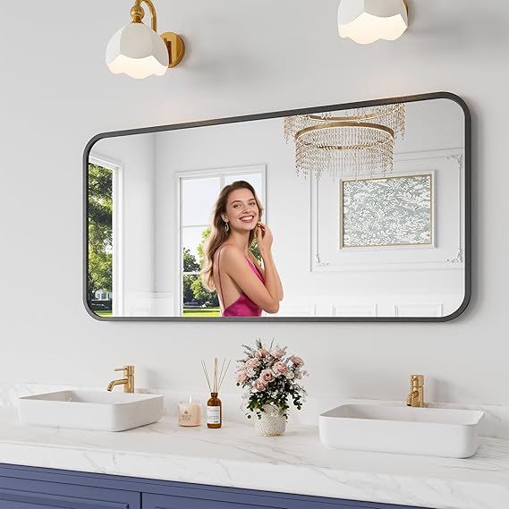 24x48 Black Bathroom Mirror - Shatterproof Tempered Glass Wall Mirror