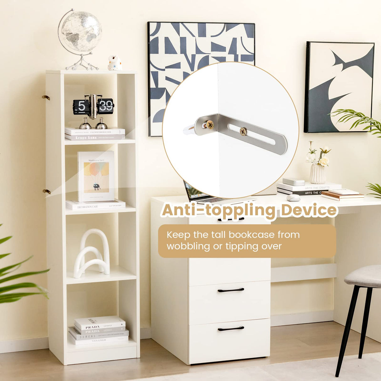 Vertical Bookcase, 56” Tall Narrow Freestanding Bookshelf with Anti-toppling Fittings,