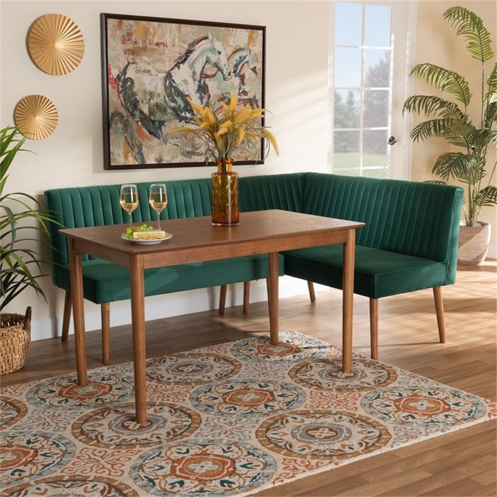 Alvis Mid-Century Modern Emerald Green Velvet Upholstered and Walnut Brown