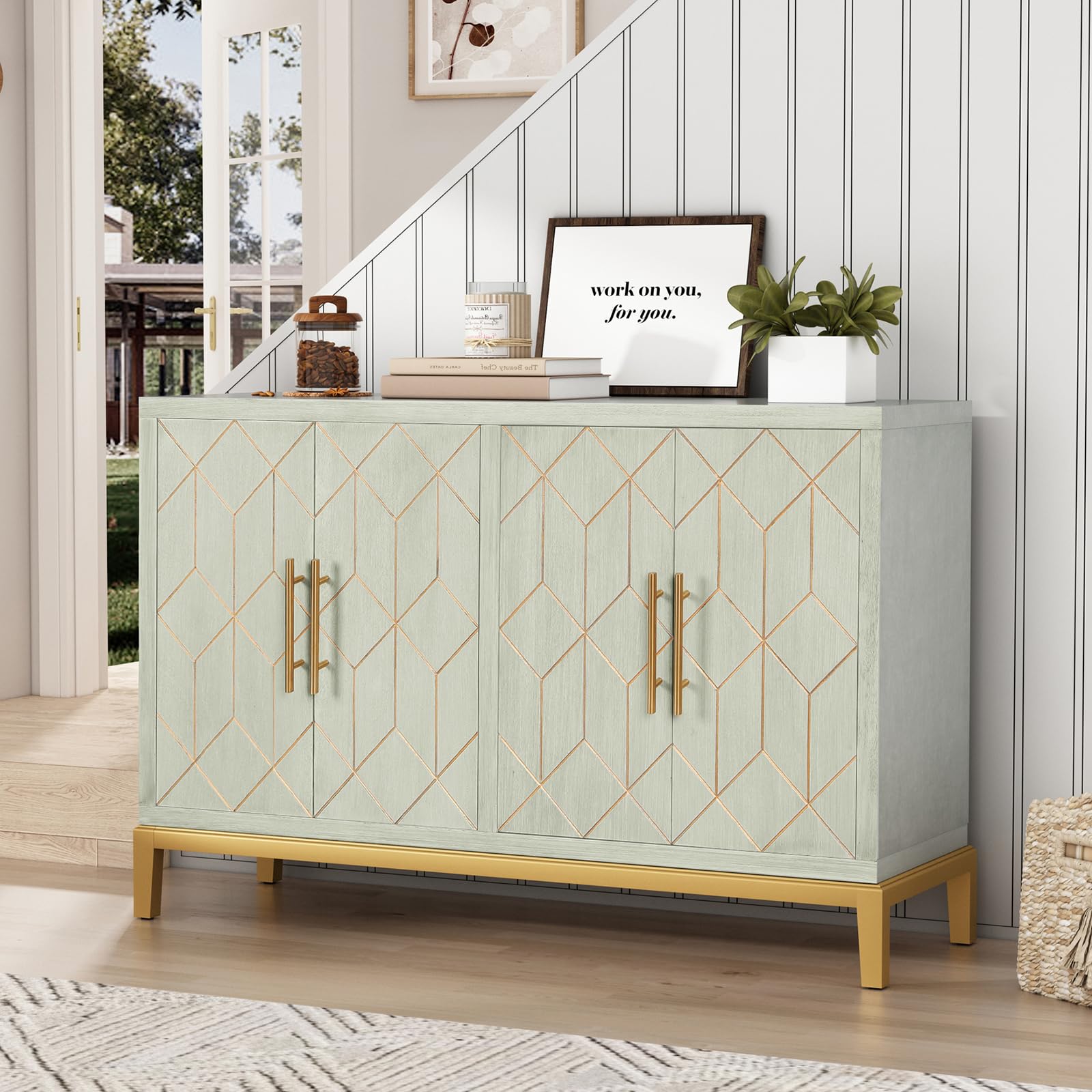 Accent Cabinet with 4 Doors, Modern Credenza Storage Cabinet