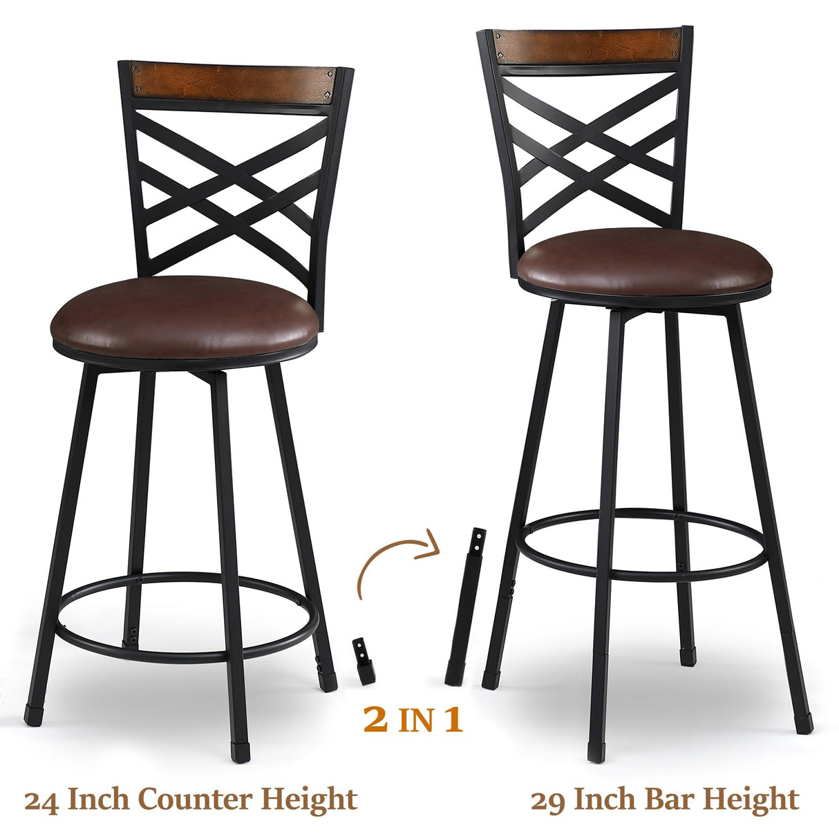 New Brown Swivel Bar Stools Set of 2, Adjustable Seat Height Bar Stools