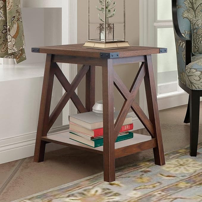 Side Table End Table for Living Room, Farmhouse Accent Wood Nightstand for Bedroom
