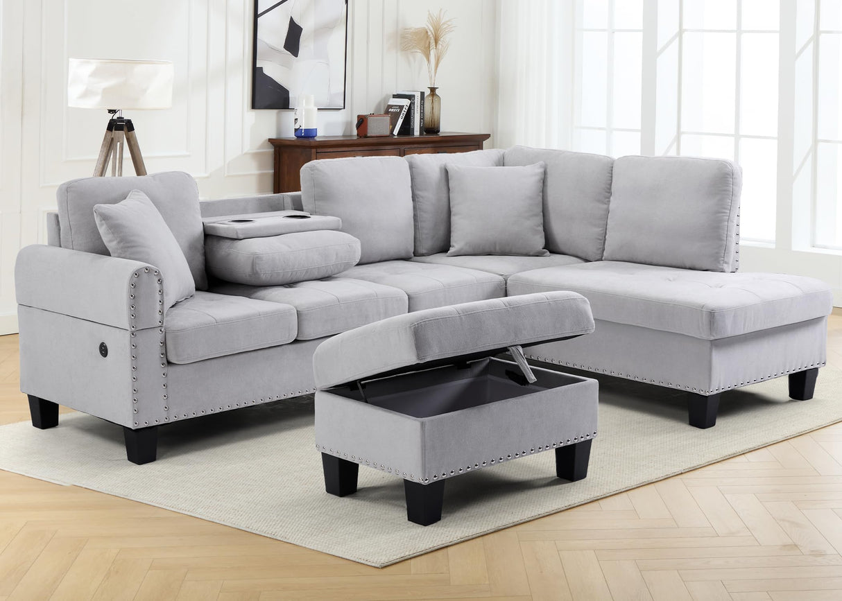 CANMOV 5-Seat Sectional Sofa with Chaise, Storage Ottoman, USB & Cup Holders