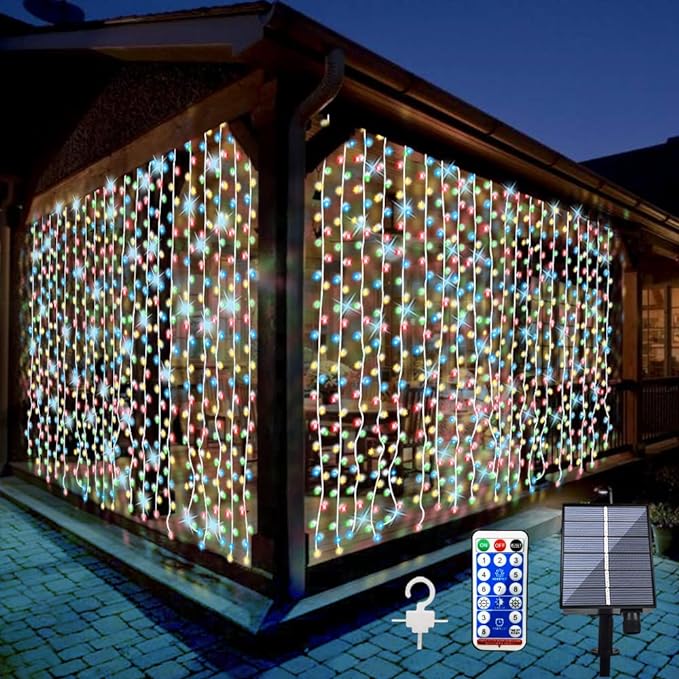 Upgraded Solar Curtain Lights Outdoor Garden Fairy String Lights 300 LED
