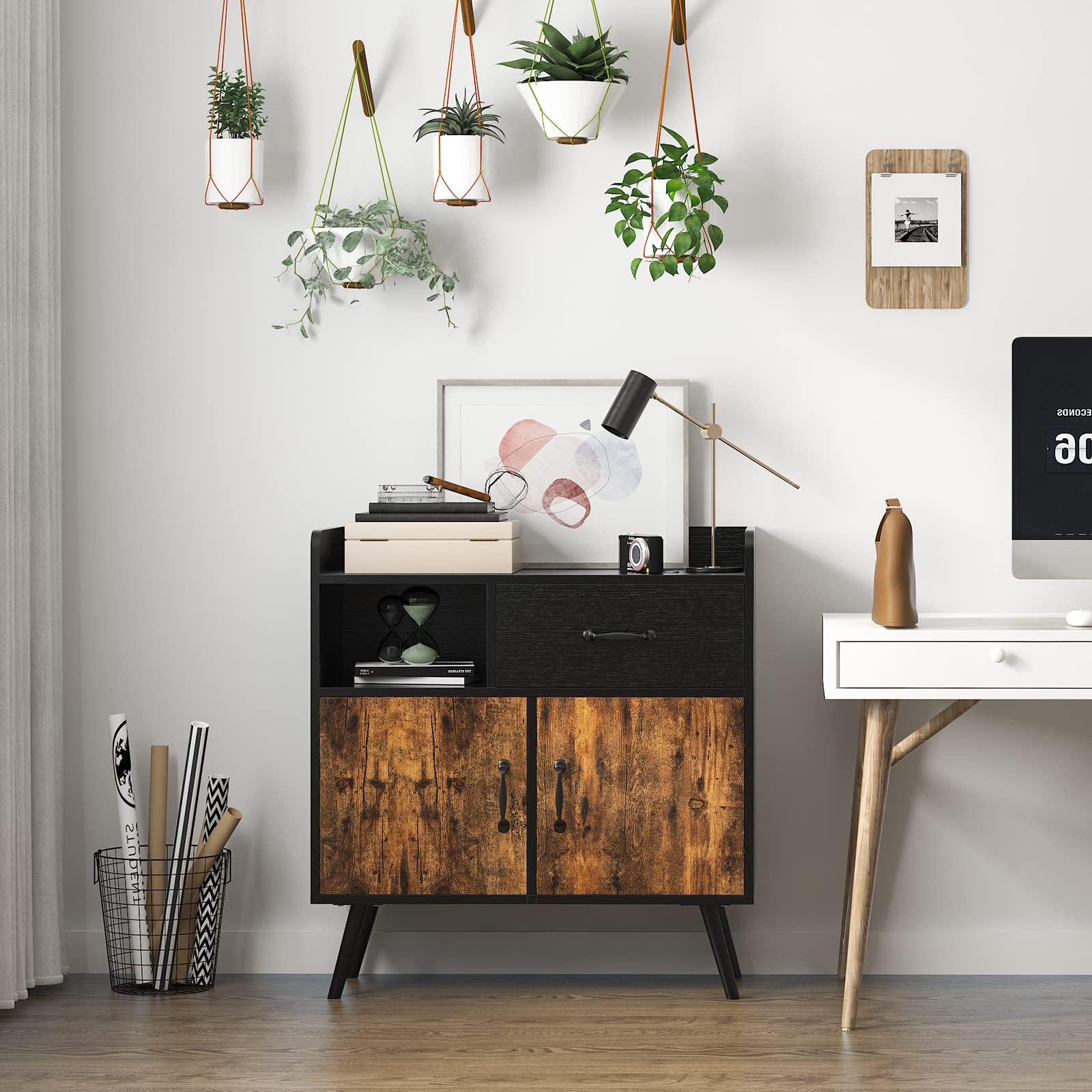 Storage Cabinet with 1 Drawer 2 Doors 1 Open Shelves, Free Standing Cupboard