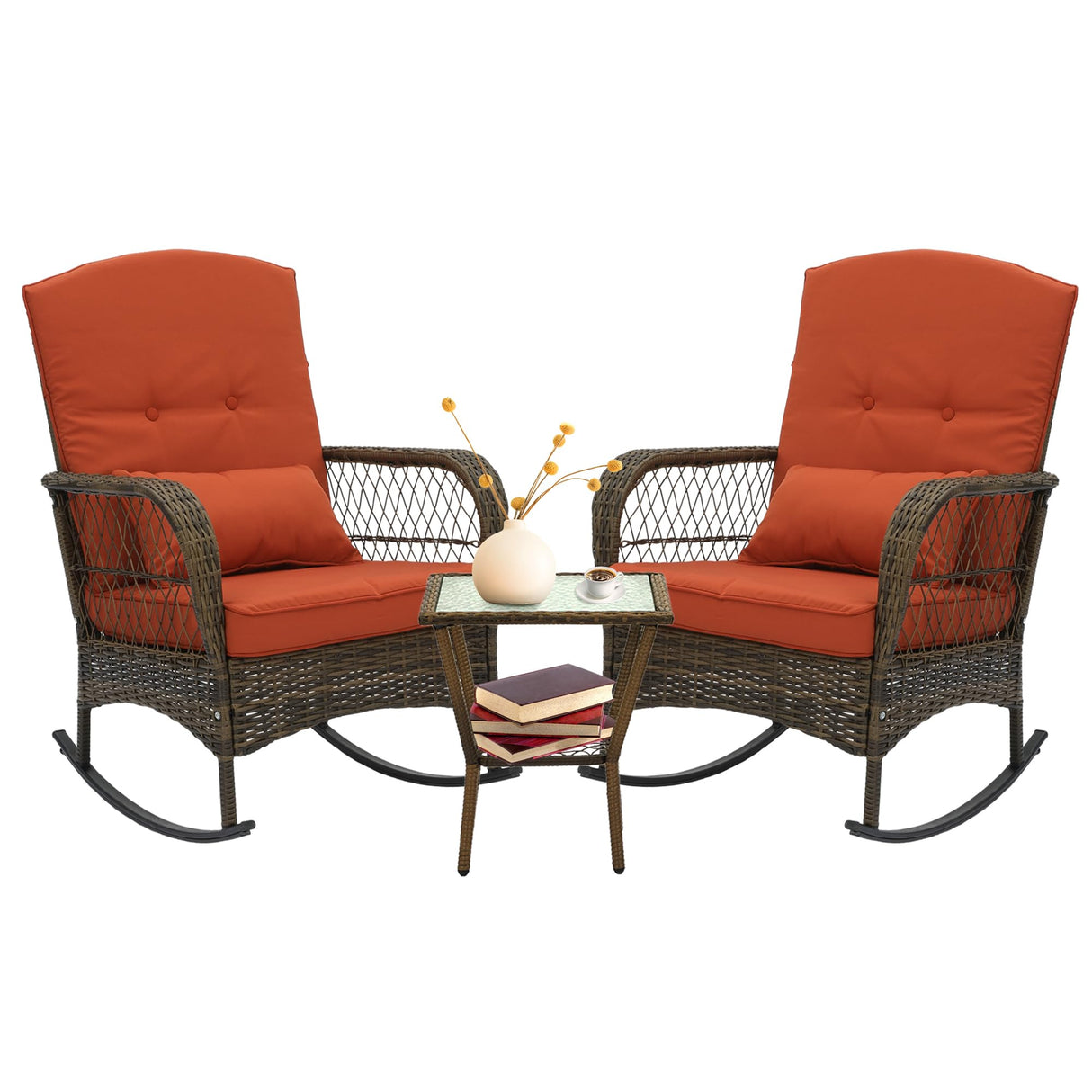 3-Piece Wicker Rocking Chair Bistro Set with Cushions and Side Table