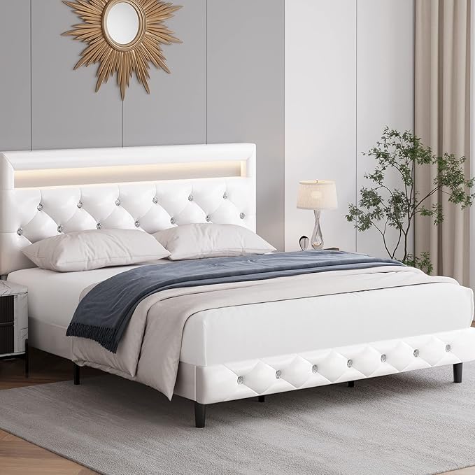 Modern Upholstered Queen Bed Frame with LED Lights