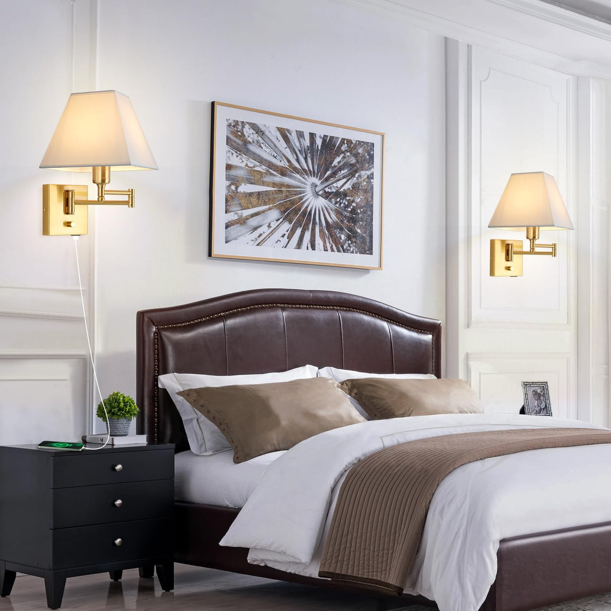 Wall Mounted Lamp Plug in Wall Sconce with Dimmable Switch Swing Arm Wall