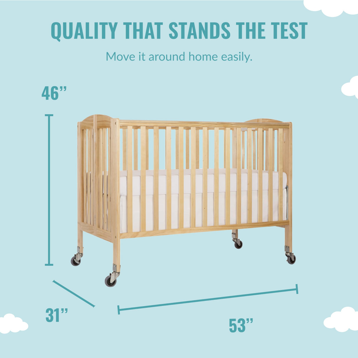 Folding Full Size Convenience Crib In Natural, Two Adjustable Mattress Height Positions,