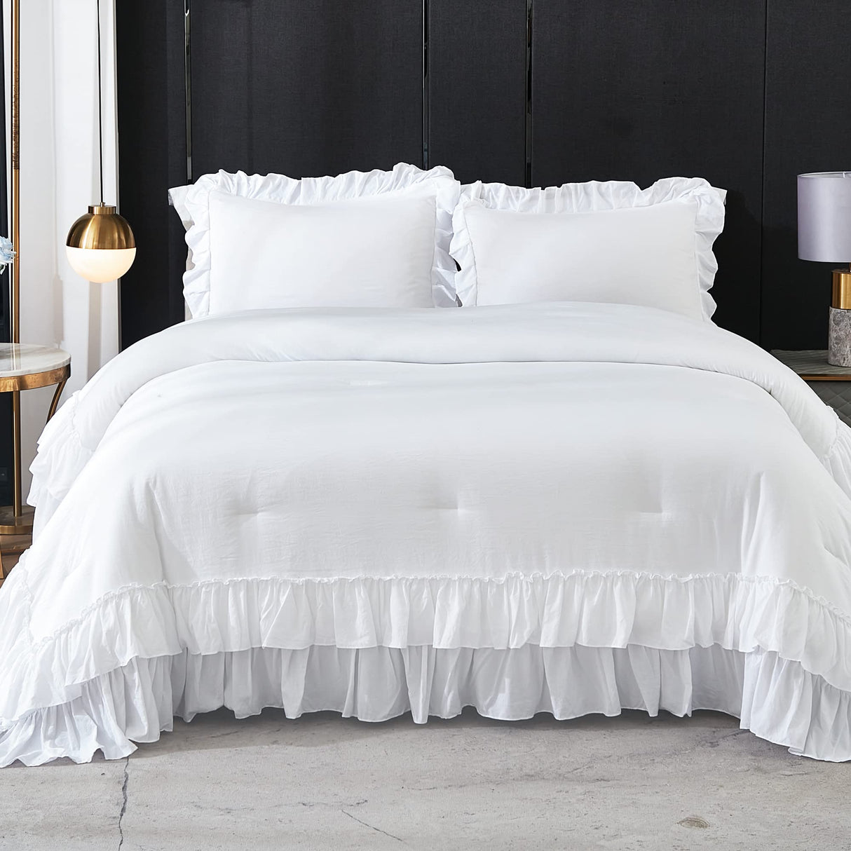 = White Comforter Set Queen Size, Lightweight Fluffy Farmhouse White Ruffle=