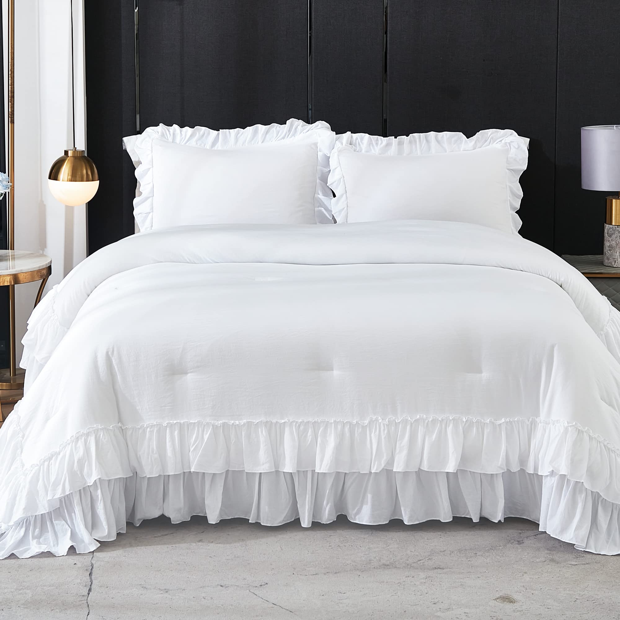 = White Comforter Set Queen Size, Lightweight Fluffy Farmhouse White Ruffle=