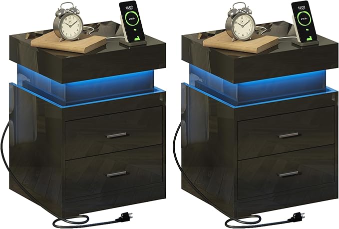LED Nightstand with Charging Station,Smart Night Stand