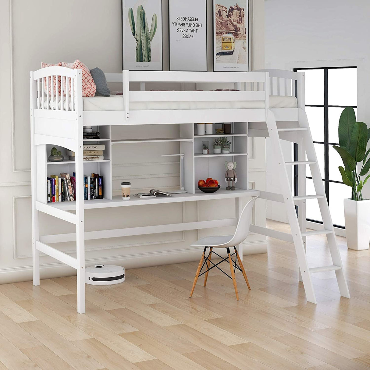 Storage Shelves, Wood Twin Loft Bed Frame with Guardrails and Angled Ladder for Kids