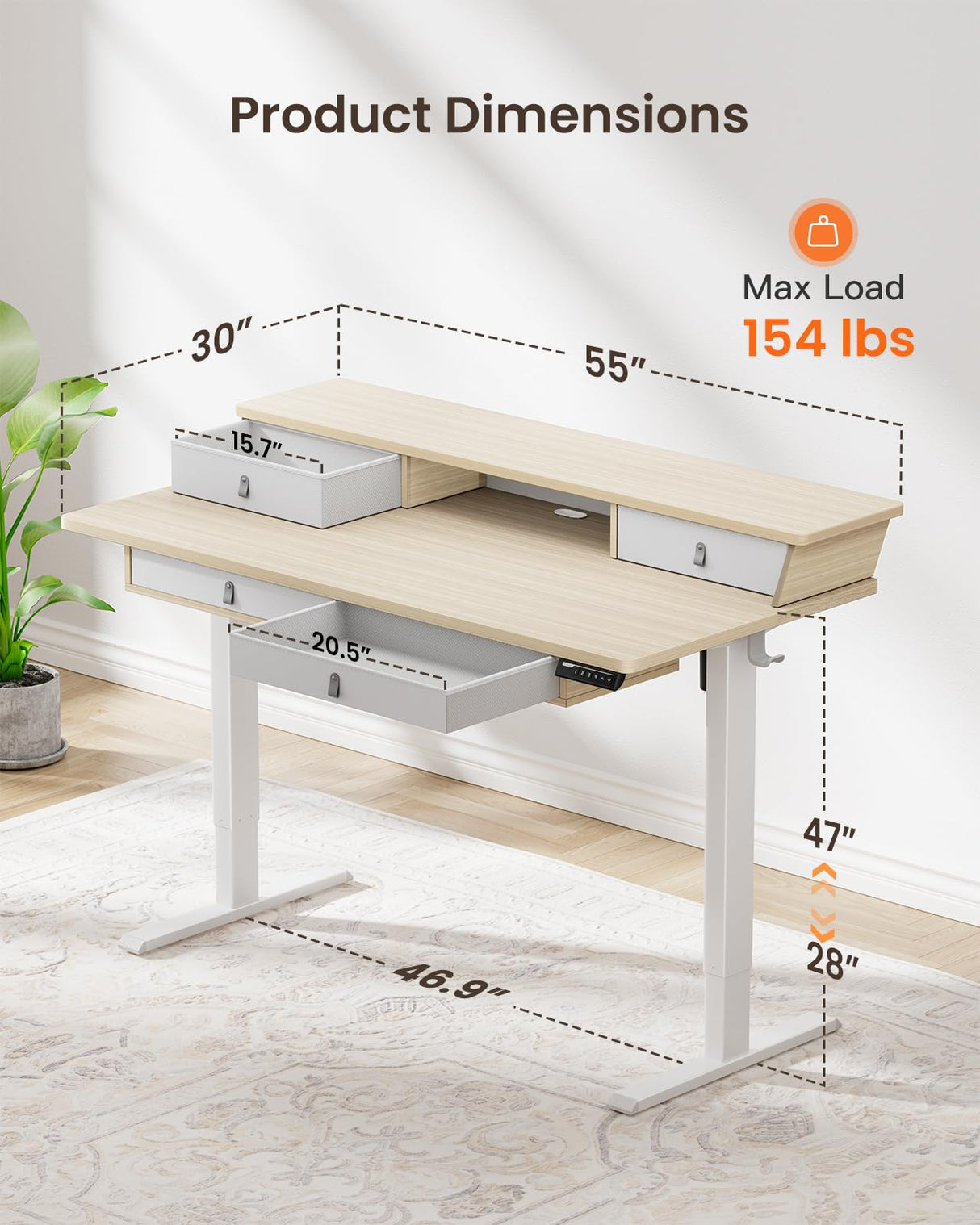 Standing Desk with Drawers, 55 x 30 Inches Height Adjustable Desk with Storage