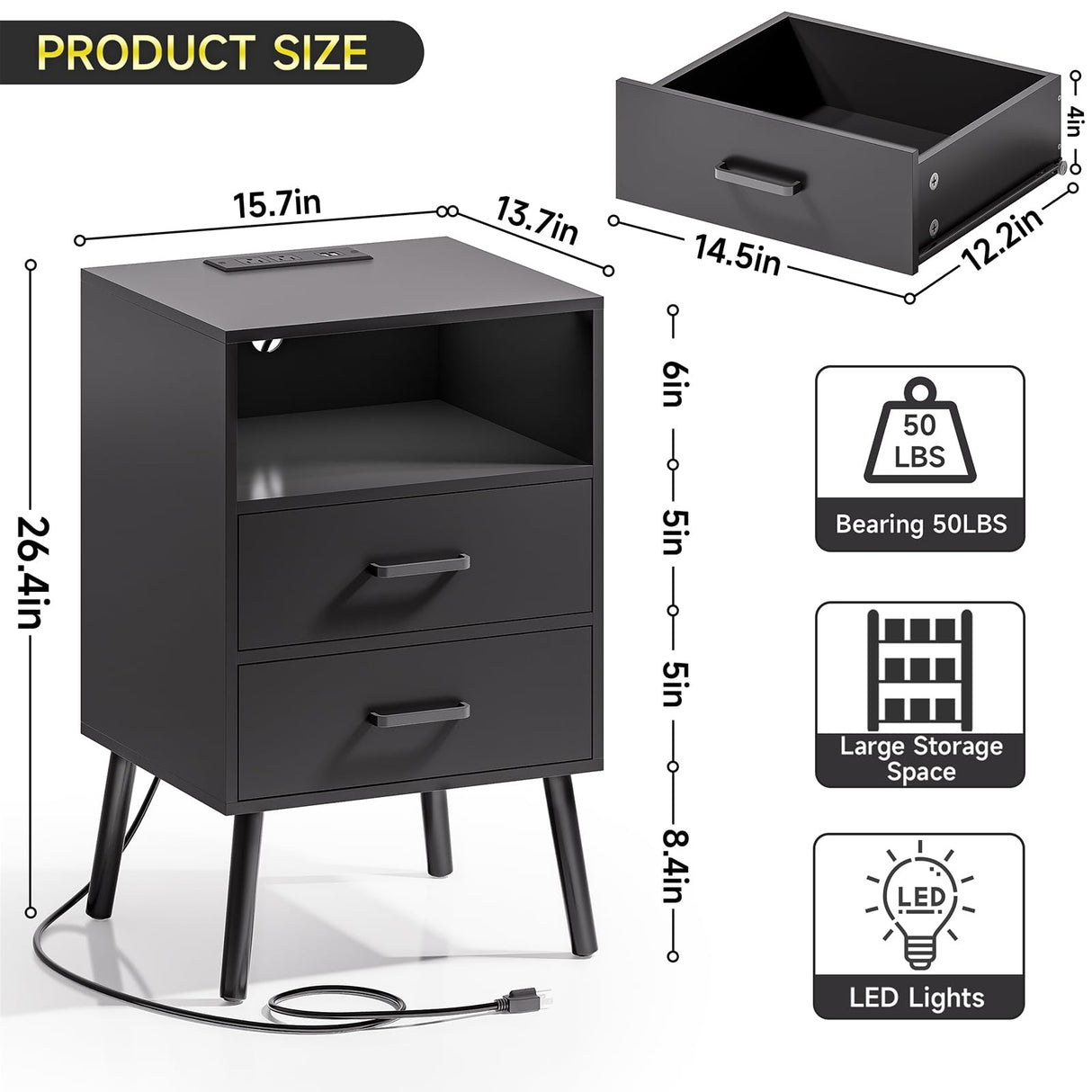 Nightstand with Charging Station and LED Lights, Night Stand with Drawers and Open