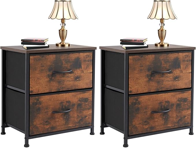 Nightstands Set of 2, Metal Frame and Wood Top Night Stand with 2 Drawer Dresser,