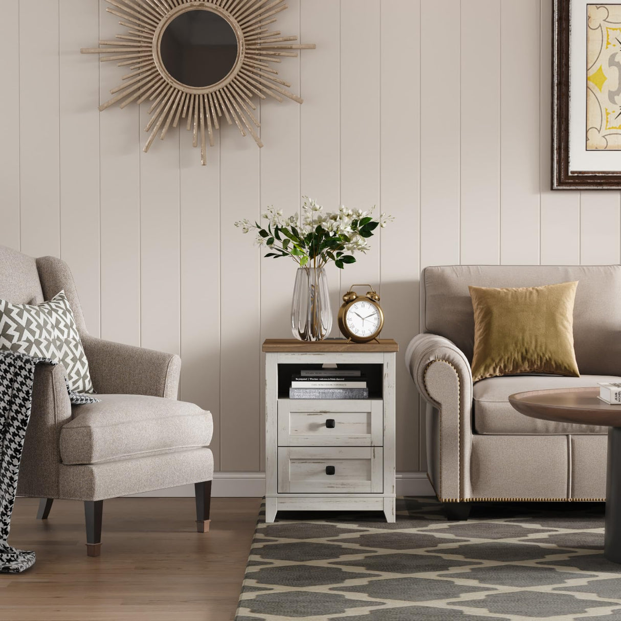 Farmhouse Nightstand with Power Outlets and USB Ports, Bedside Table with 2 Drawers and 1 Open Storage Space