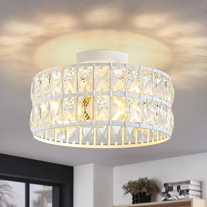 Modern Bedroom Light Fixtures Ceiling, 12.5" Round Drum Crystal Chandelier 3-Light