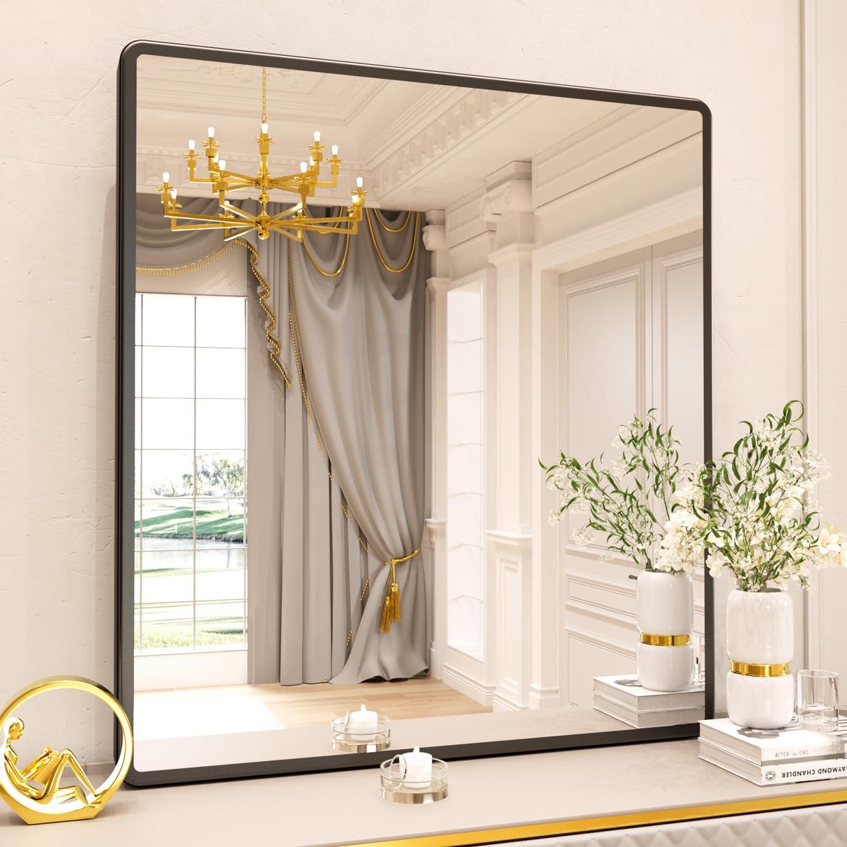 New Upgrade Wall Mounted Bathroom Mirror, Black Metal Frame Rounded