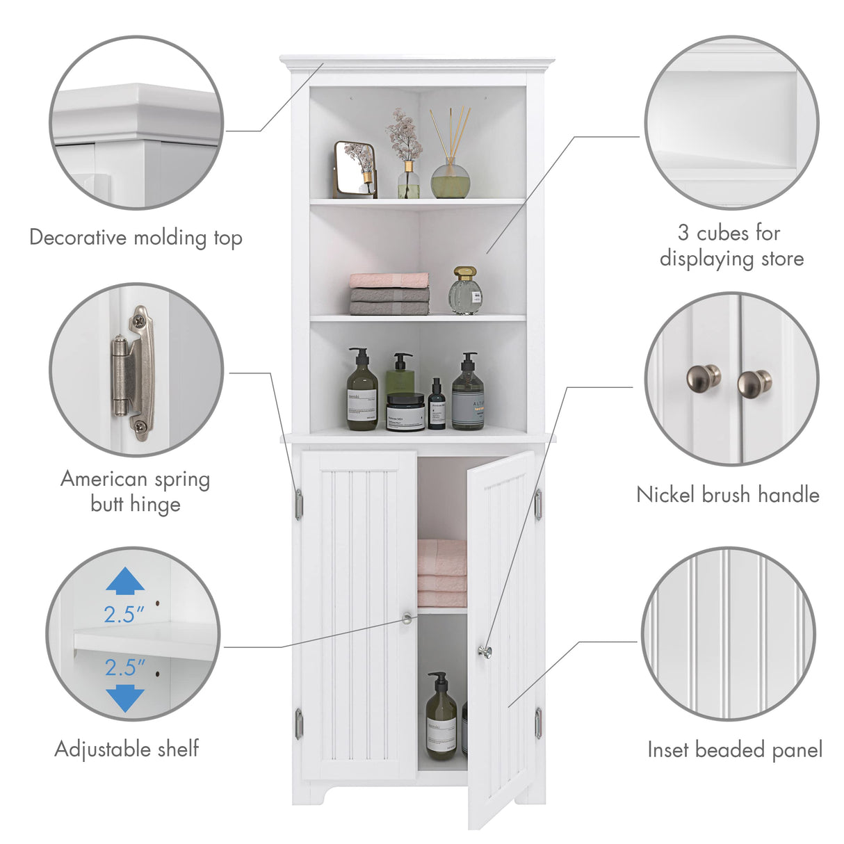 Tall Bathroom Corner Cabinet, Slim Floor Storage Bathroom Cabinet with Doors and Hutch