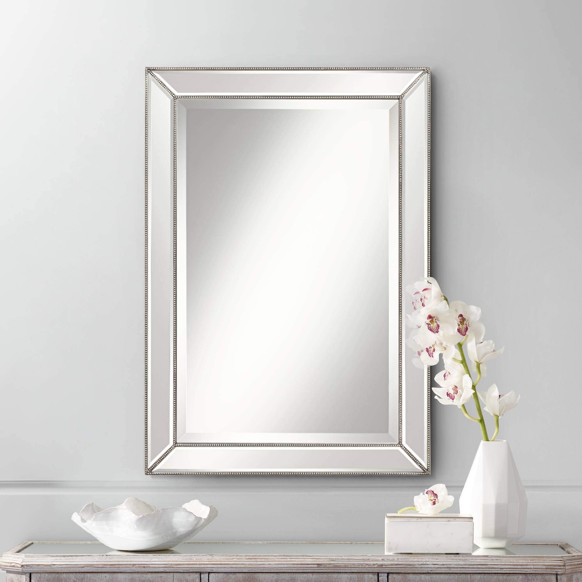 Vanity Decorative Wall Mirror Modern Doubled Beaded Border Silver
