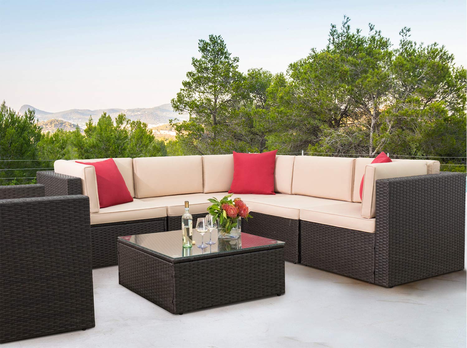 7 Pieces Outdoor Patio Furniture Sofa Set, All Weather PE Rattan Wicker Sectional Sets