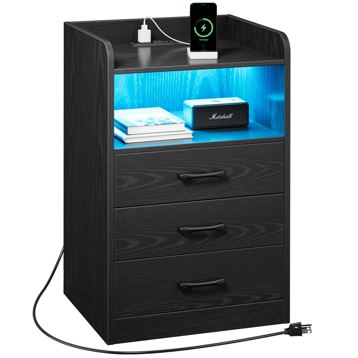 Nightstand with Charging Station and LED Light Strips, Night Stand with Drawers, End Table