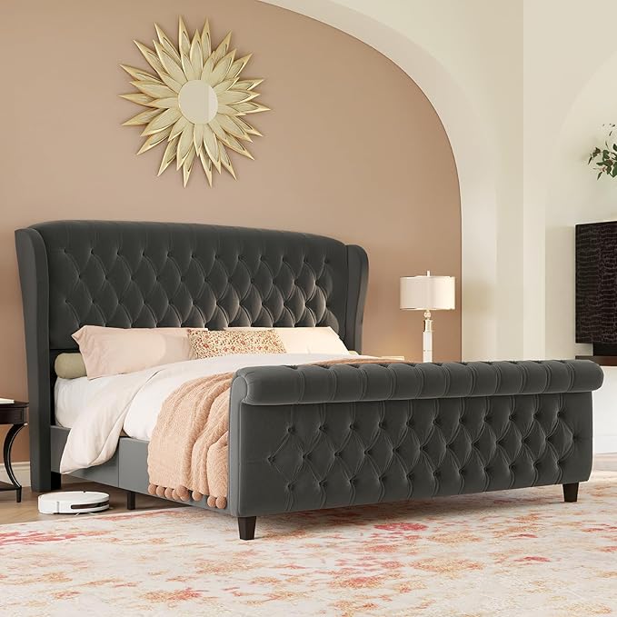 King Size Platform Bed Frame, Chenille Upholstered Sleigh Bed