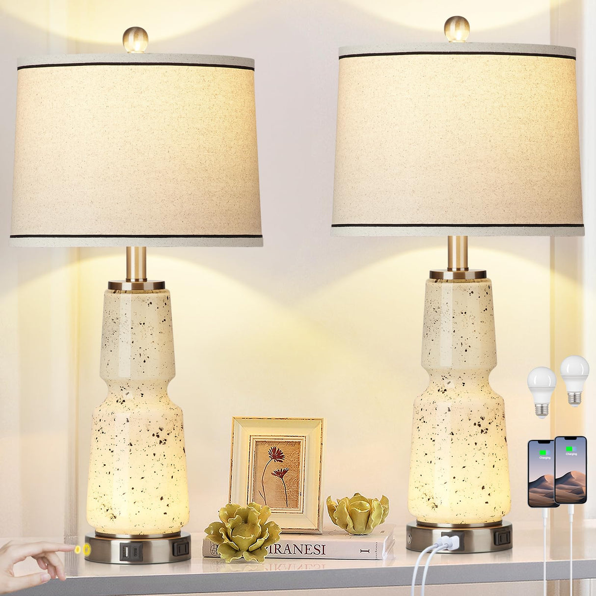 26" Glass Table Lamps Set of 2, Touch Control Modern Bedside Lamps