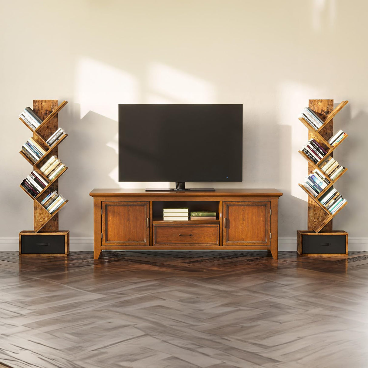 SUPERLELE 6 Shelf Bookshelf with Drawer, Retro Tree Bookcase Floor Standing Bookcase for CDs/Movies/Books, Utility Book Organizer Shelves for Bedroom, Living Room, Home Office