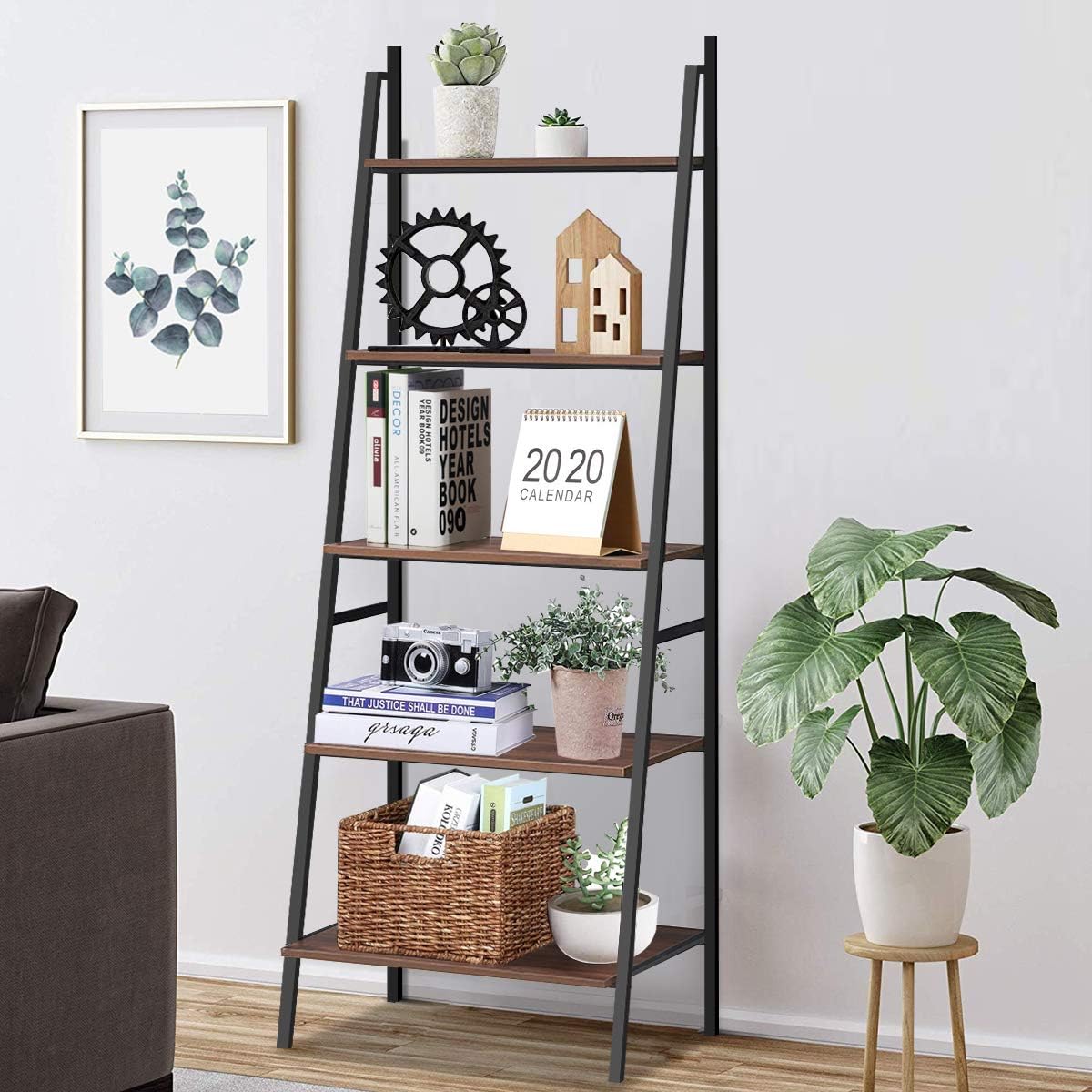 Ladder Shelf, 5 Tier Industrial Bookcase, Multifunctional Display Bookshelf