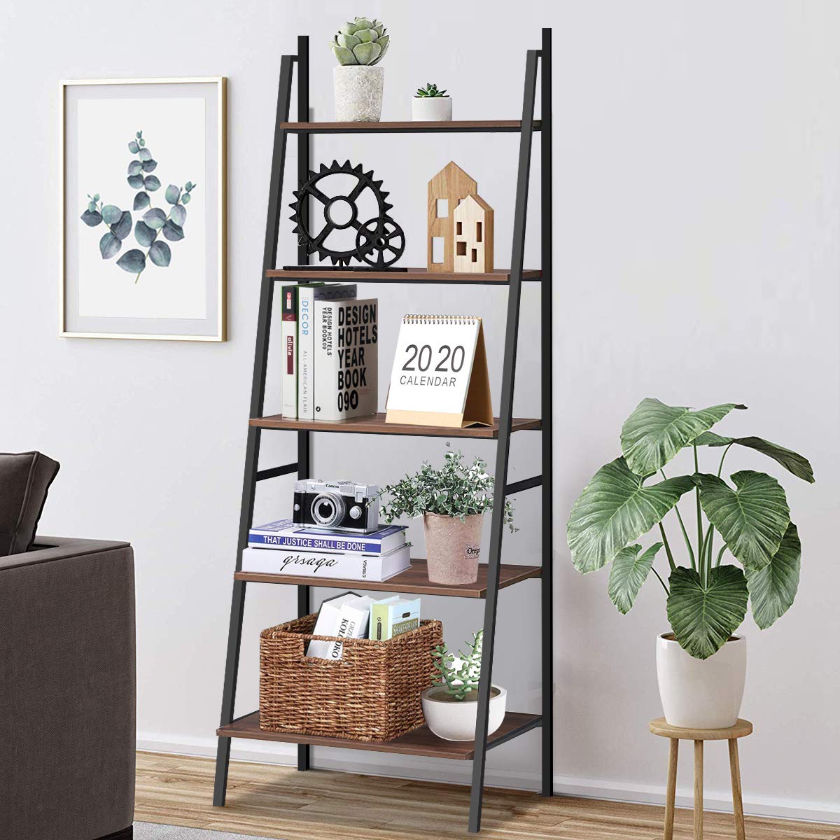 Ladder Shelf, 5 Tier Industrial Bookcase, Multifunctional Display Bookshelf