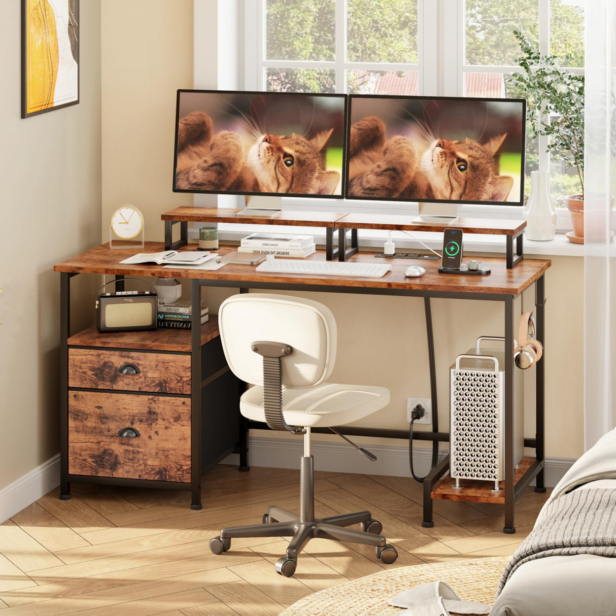 Computer Desk with Drawer and Power Outlets, 47" Office Desk with 2 Monitor Stands and Fabric File Cabinet, Writing Gaming Table with Shelves and 2 Hooks for Home Office, Rustic Brown
