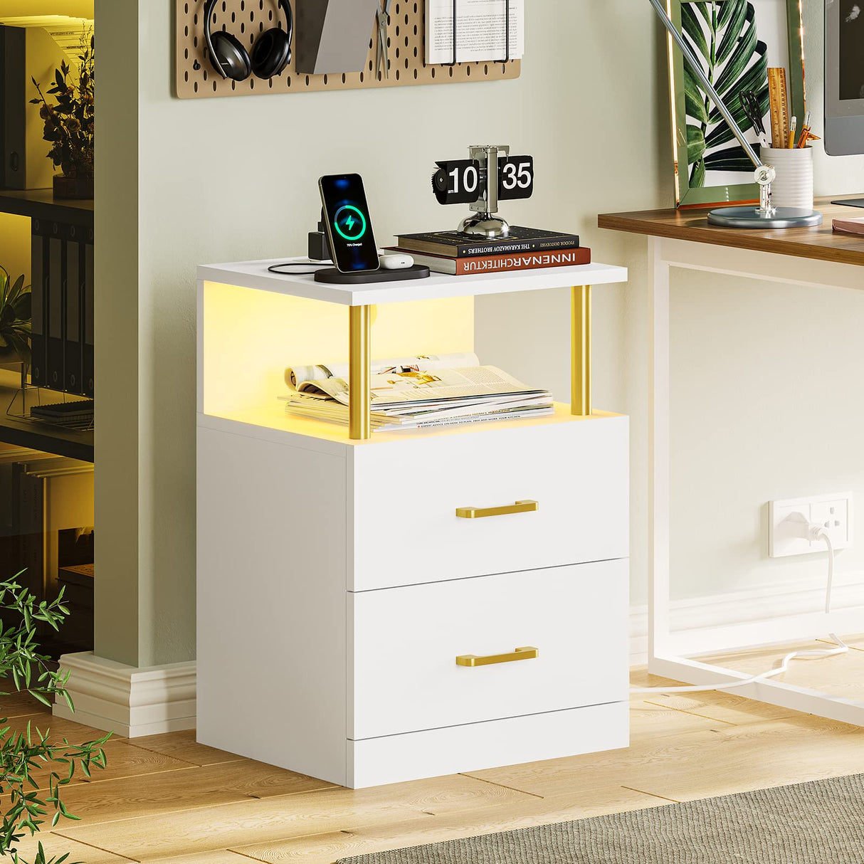 Night Stand with Charging Station and USB Ports, White Night Stand with 2 Drawers