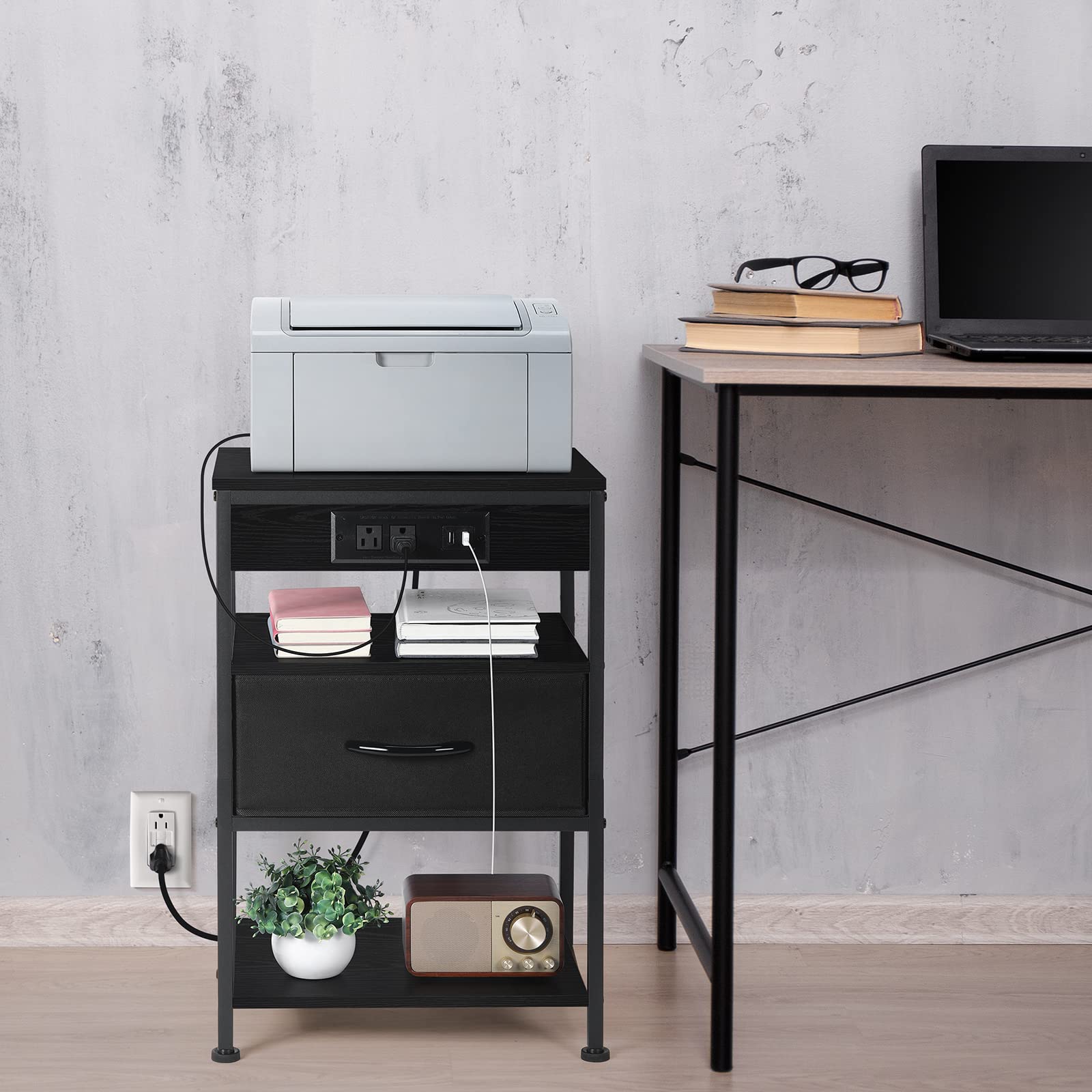 Bedside Table Black Nightstand with Charging Station Side Table