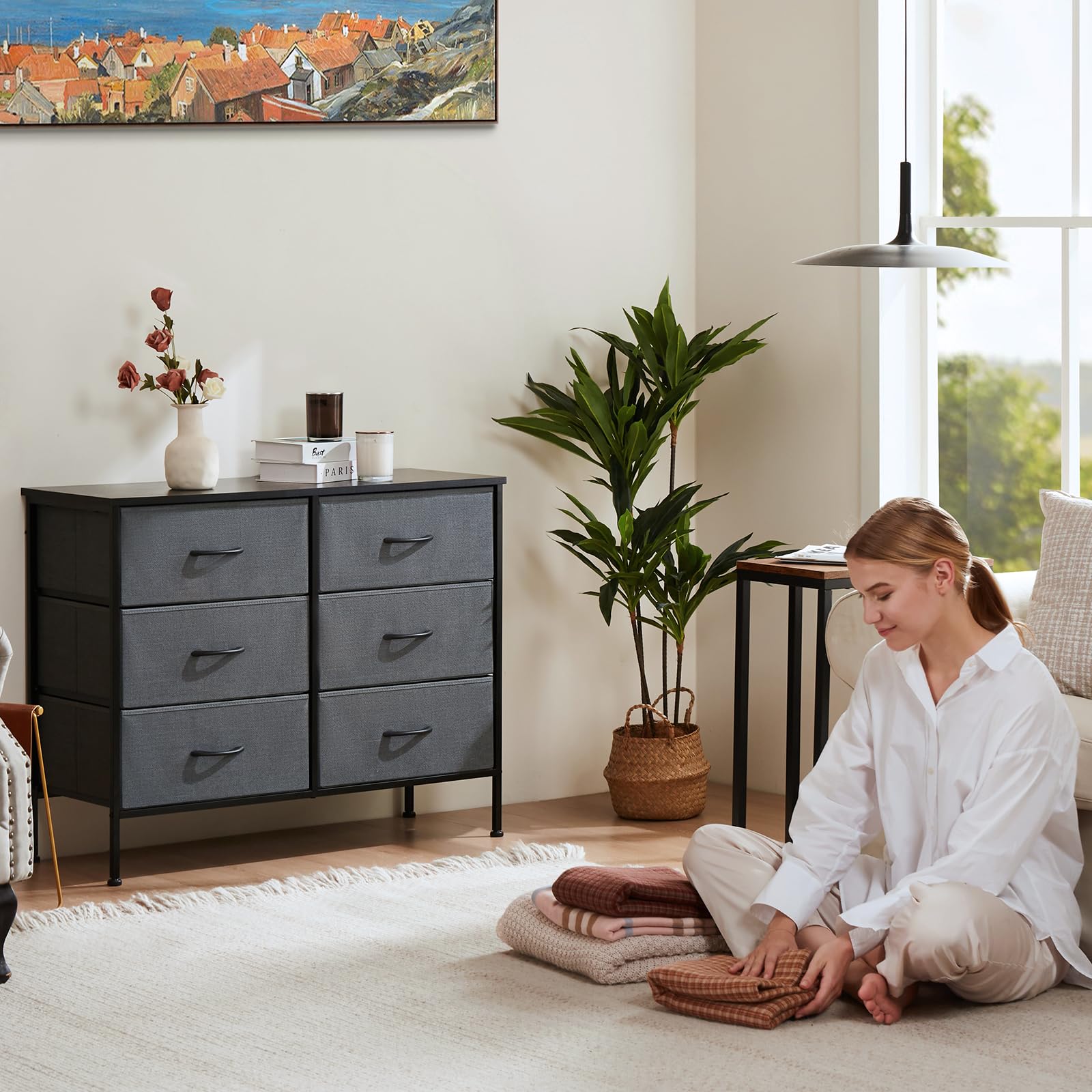 Sweetcrispy 6 Drawer Dresser for Bedroom, Fabric Chest of Drawers Dressers, Storage Tower Unit with Fabric Bins, Bedroom Dresser for Closet, Living Room, Hallway, Wood Top, Steel Frame, Grey