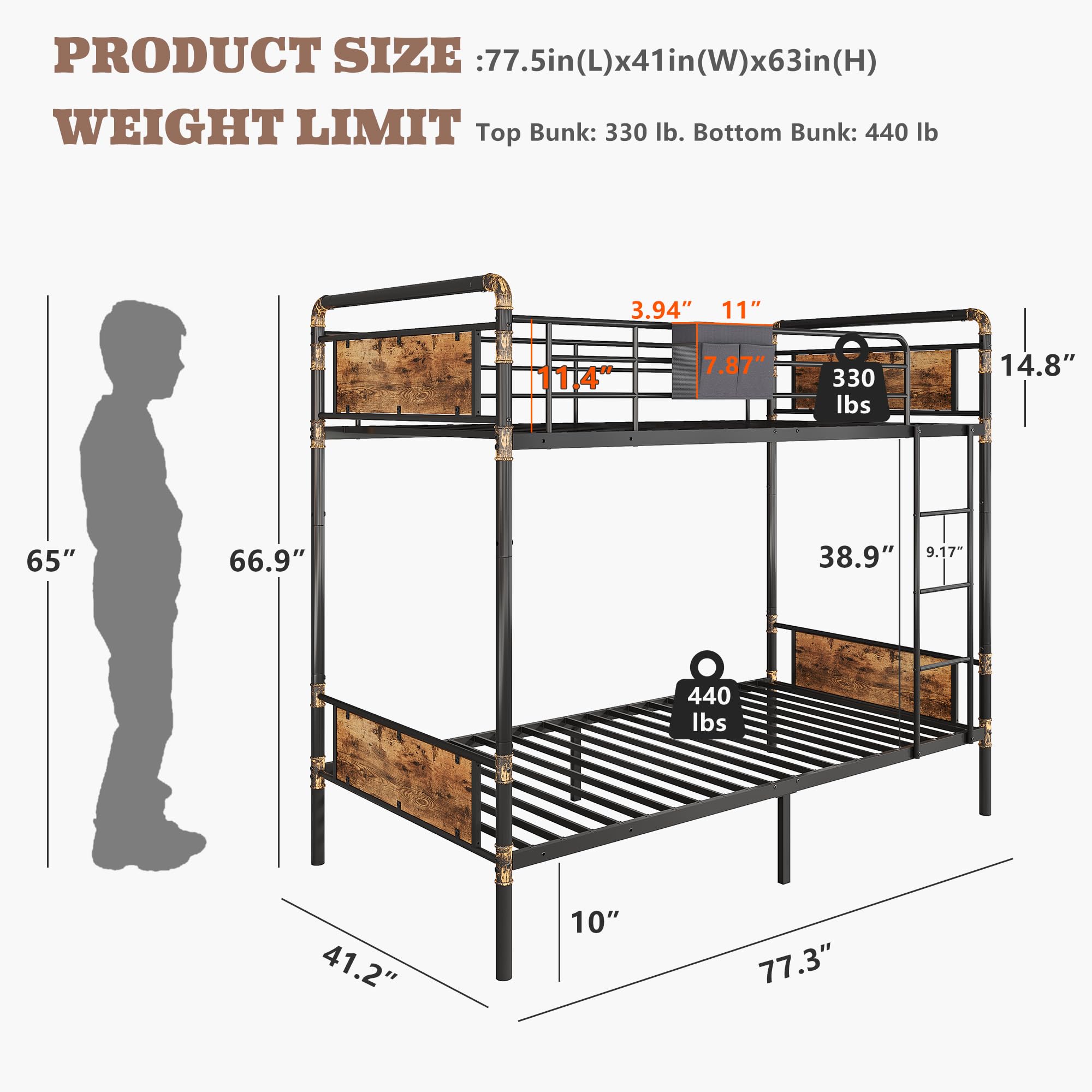 Bunk Bed Twin Over Twin,Convertible into 2 Twin Size Bunk Bed Frame for Kids Adults Teens