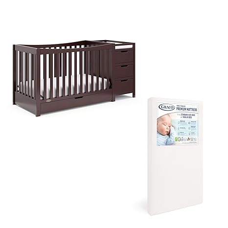 4-in-1 Convertible Crib & Changer with Drawer (Gray) – GREENGUARD Gold Certified, Crib and Changing -Table Combo, Includes Changing Pad, Converts to Toddler Bed, Daybed and Full-Size Bed