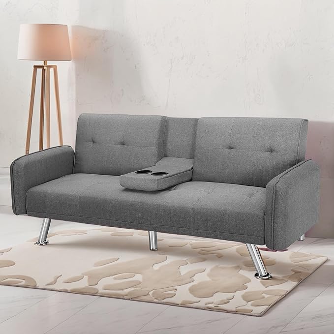 Sleeper Sofa Bed with Adjustable Backrest & Cup Holders, Futon Set with Metal Legs