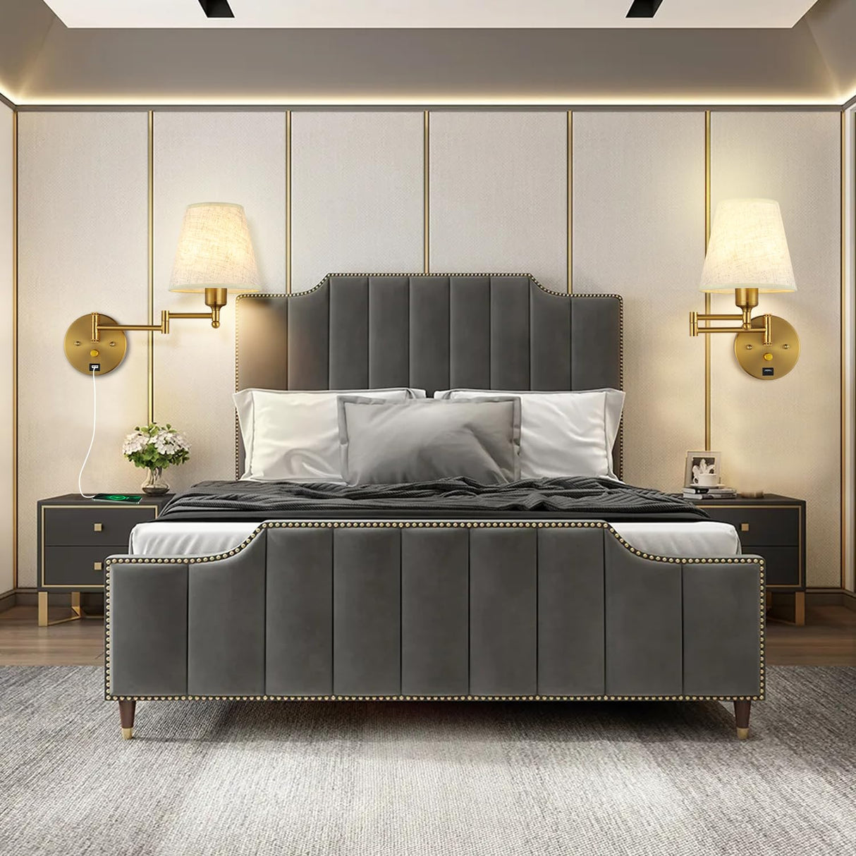 Bedside Wall Mount Light with Dimmable Switch and USB Port, Gold Swing Arm Fabric Shade Wall