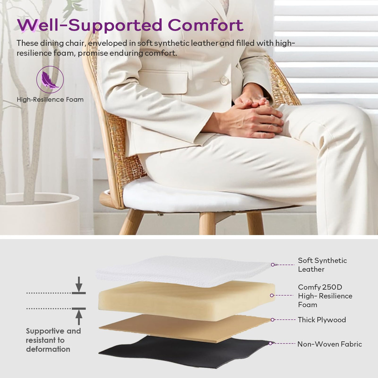 Rattan Dining Chairs Set of 4 with Faux Leather Cushion